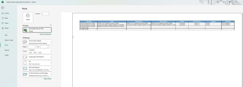 export a wide Excel sheet as a PDF