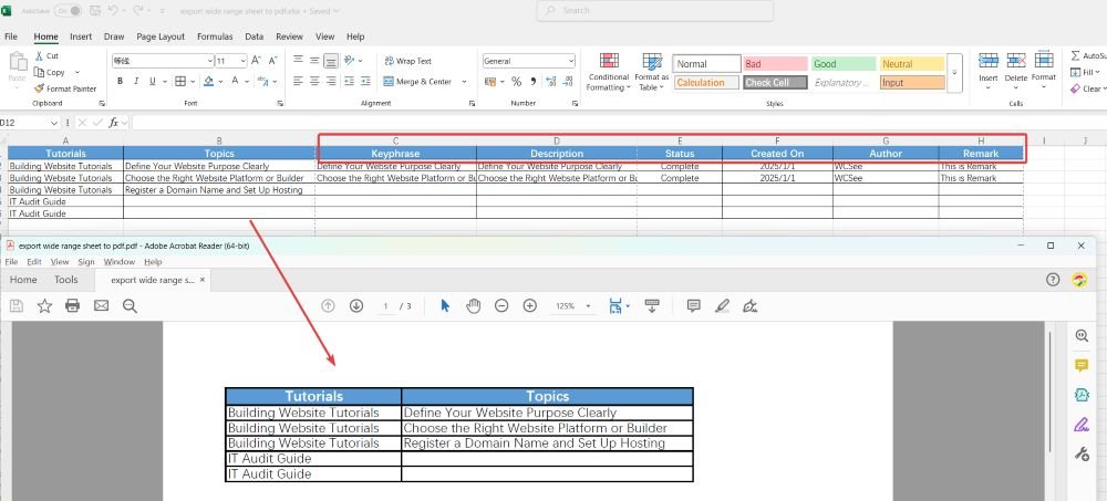 export a wide Excel sheet as a PDF